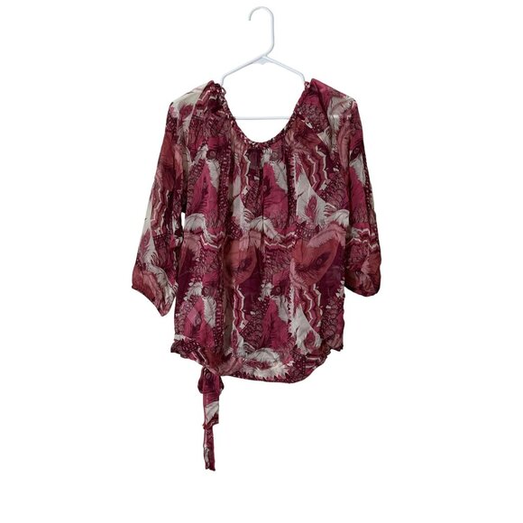 Lucky Brand Womens Peasant Boho Sheer Top Sz S Feather Print Braided Neck - Picture 2 of 12